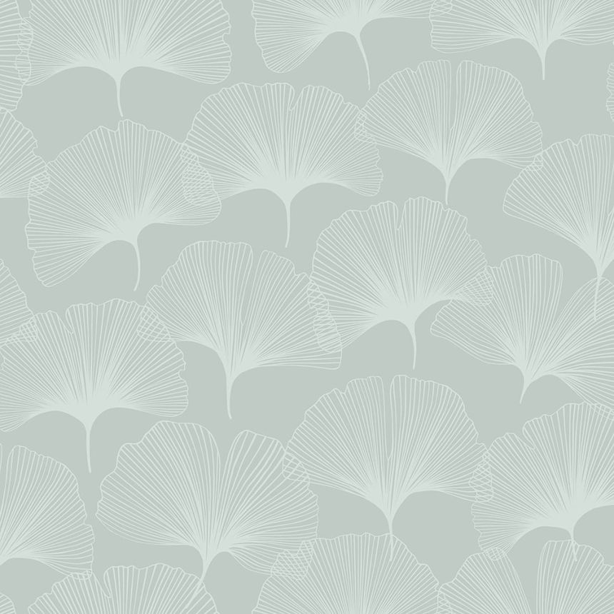Metalická zelená vliesová tapeta, matné obrysy listov Ginkga 347748, City Chic, Origin 