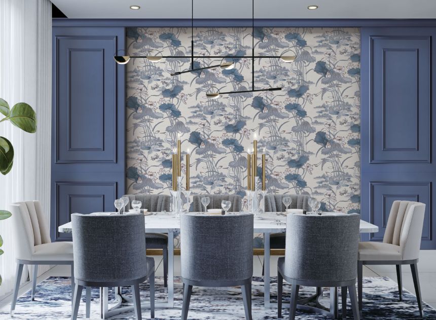 Luxusné sivo-modrá vliesová tapeta s leknami a vtákmi, TP422702, Tapestry, Design ID