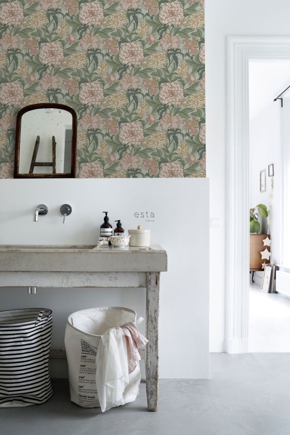 Zelená vliesová tapeta s kvetinami, 139378, Vintage Flowers, Esta Home