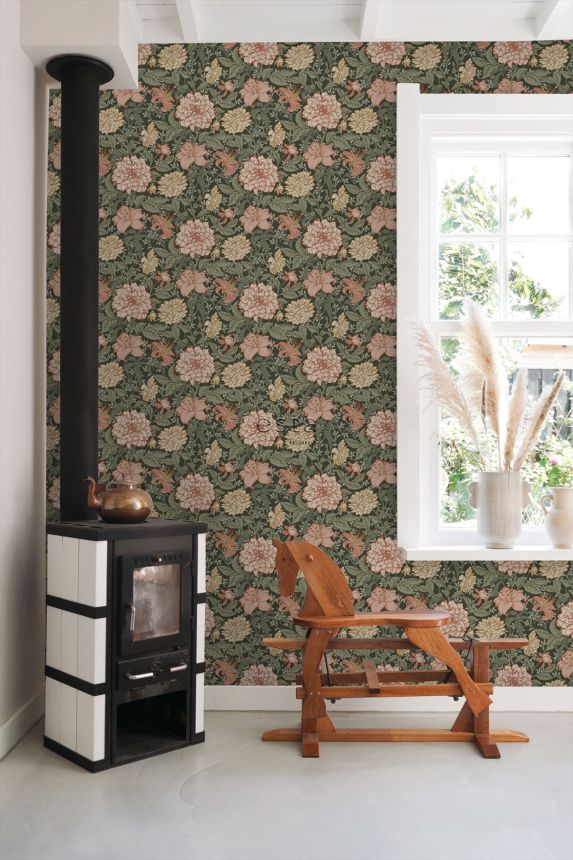 Čierna vliesová kvetinová tapeta na stenu, 139381, Vintage Flowers, Esta Home