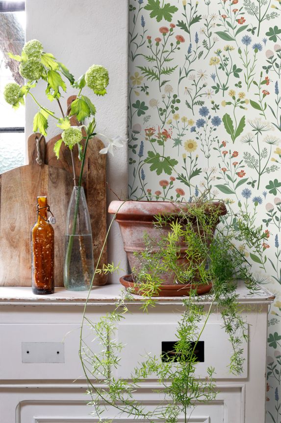 Biela vliesová tapeta na stenu, lúčne kvety, 139390, Vintage Flowers, Esta Home
