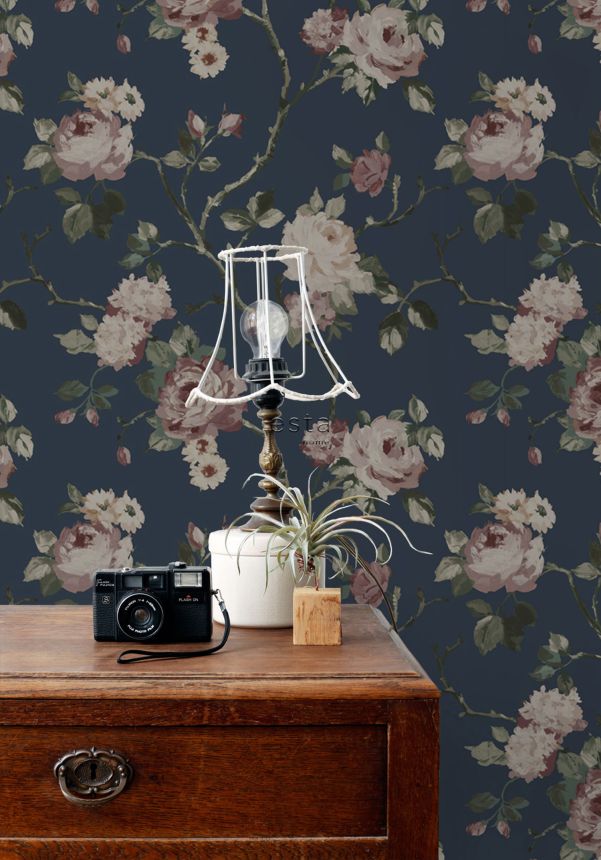 Modrá vliesová kvetinová tapeta na stenu, 139409, Vintage Flowers, Esta Home