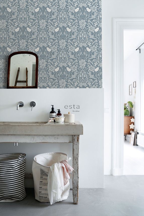 Modrá vliesová tapeta s rastlinami a vtáčikmi, 139477, Vintage Flowers, Esta Home