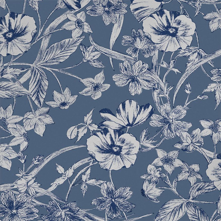 Modrá vliesová tapeta, strieborné kvety, 118486, Laura Ashley 3