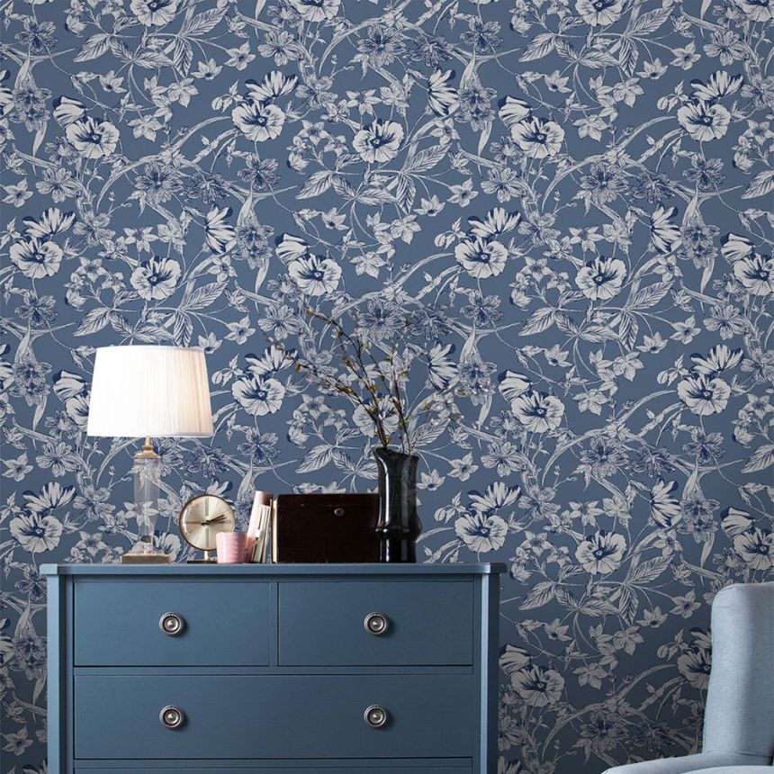 Modrá vliesová tapeta, strieborné kvety, 118486, Laura Ashley 3