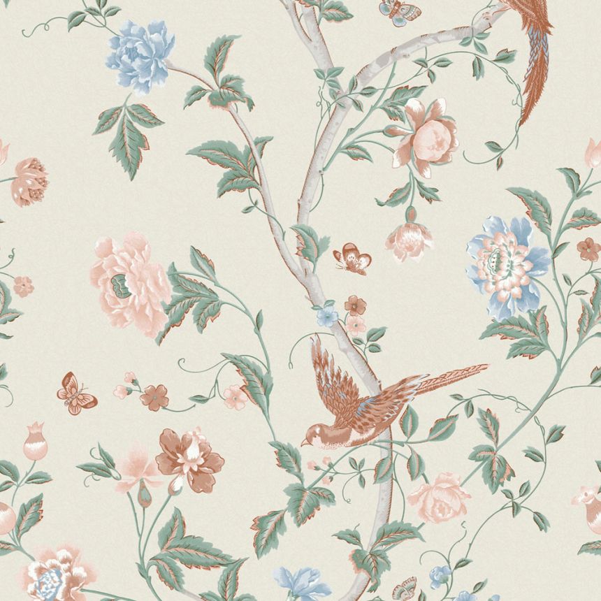 Krémová vliesová tapeta s kvetinami, motýľmi a vtákmi, 120133, Laura Ashley 3