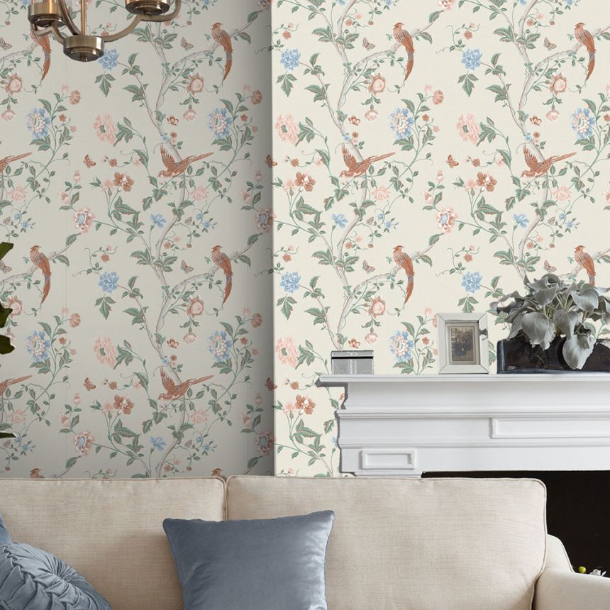 Krémová vliesová tapeta s kvetinami, motýľmi a vtákmi, 120133, Laura Ashley 3