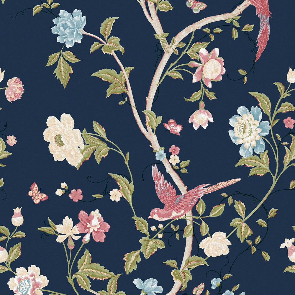 Modrá vliesová tapeta s kvetinami, motýľmi a vtákmi, 121134, Laura Ashley 3