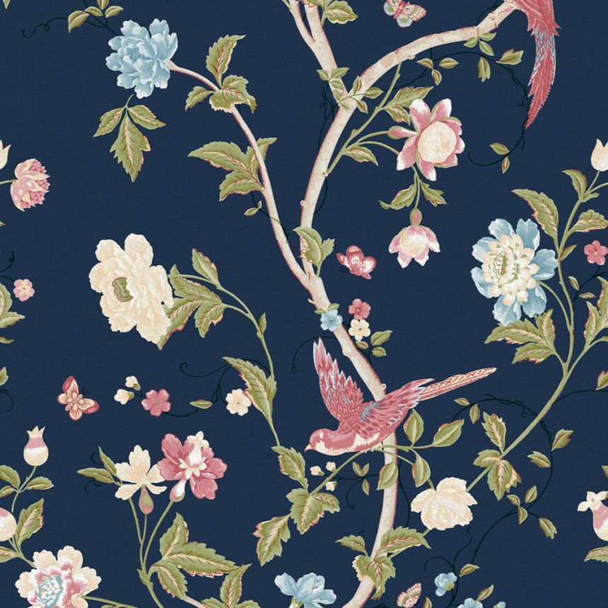 Modrá vliesová tapeta s kvetinami, motýľmi a vtákmi, 121134, Laura Ashley 3