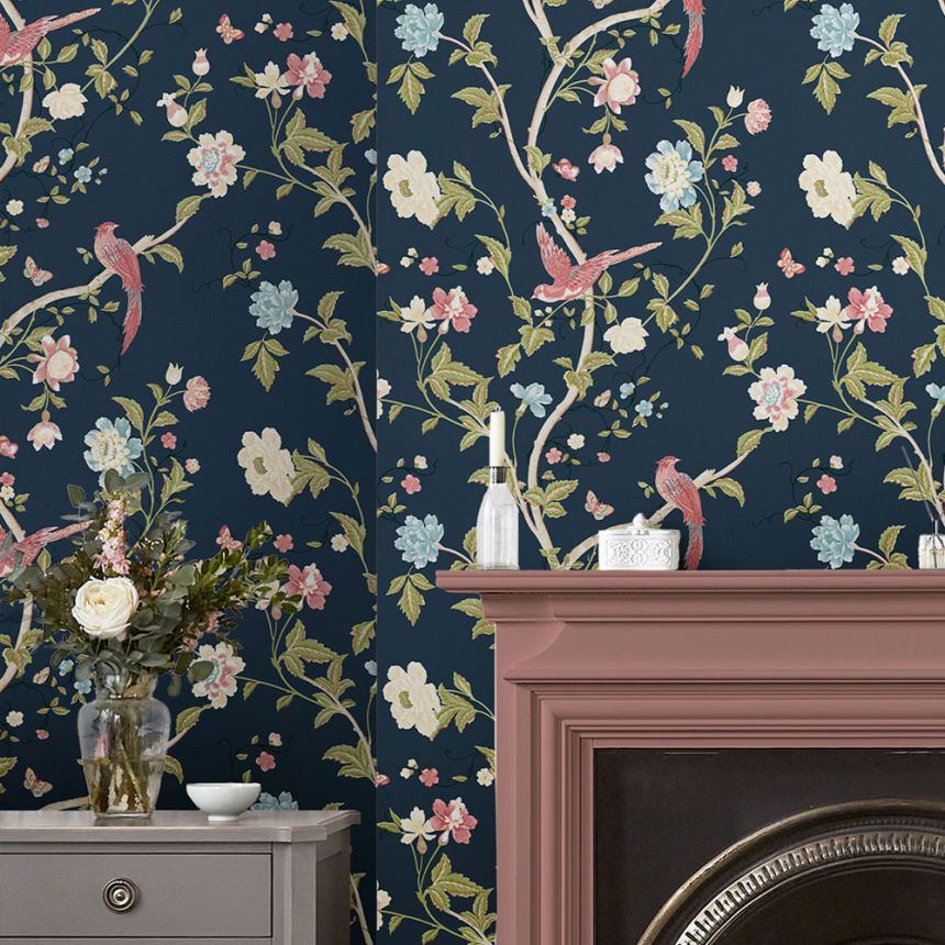 Modrá vliesová tapeta s kvetinami, motýľmi a vtákmi, 121134, Laura Ashley 3