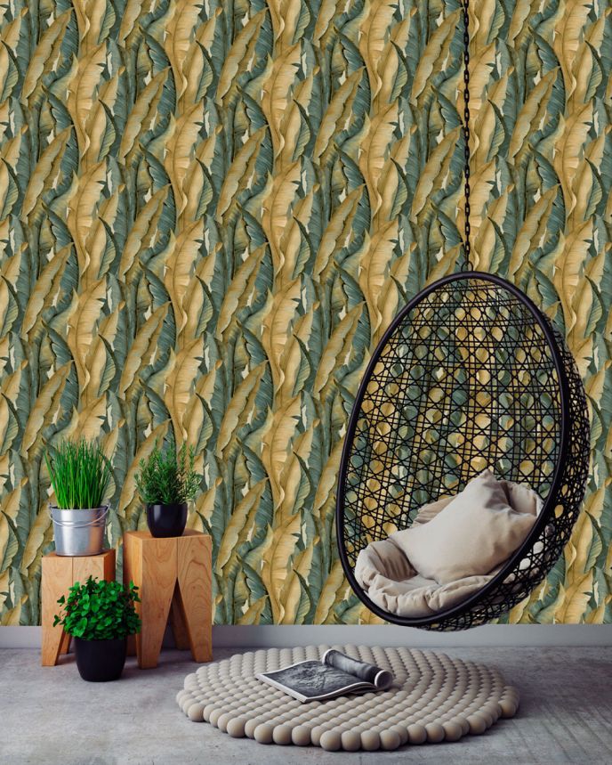 Vliesová tapeta na stenu, okrovo-modrá, listy, NHW1041, Perla, Decoprint