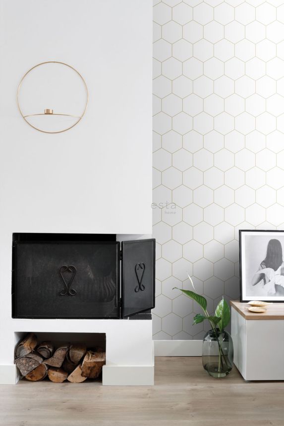 Geometrická vliesová tapeta na stenu, bielo-zlatá, 139312, Bloom, Esta Home