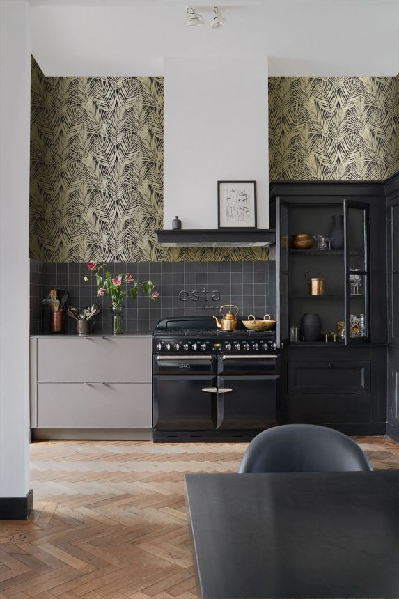 Vliesová tapeta na stenu, palmové listy, čierno-zlatá, 139318, Bloom, Esta Home