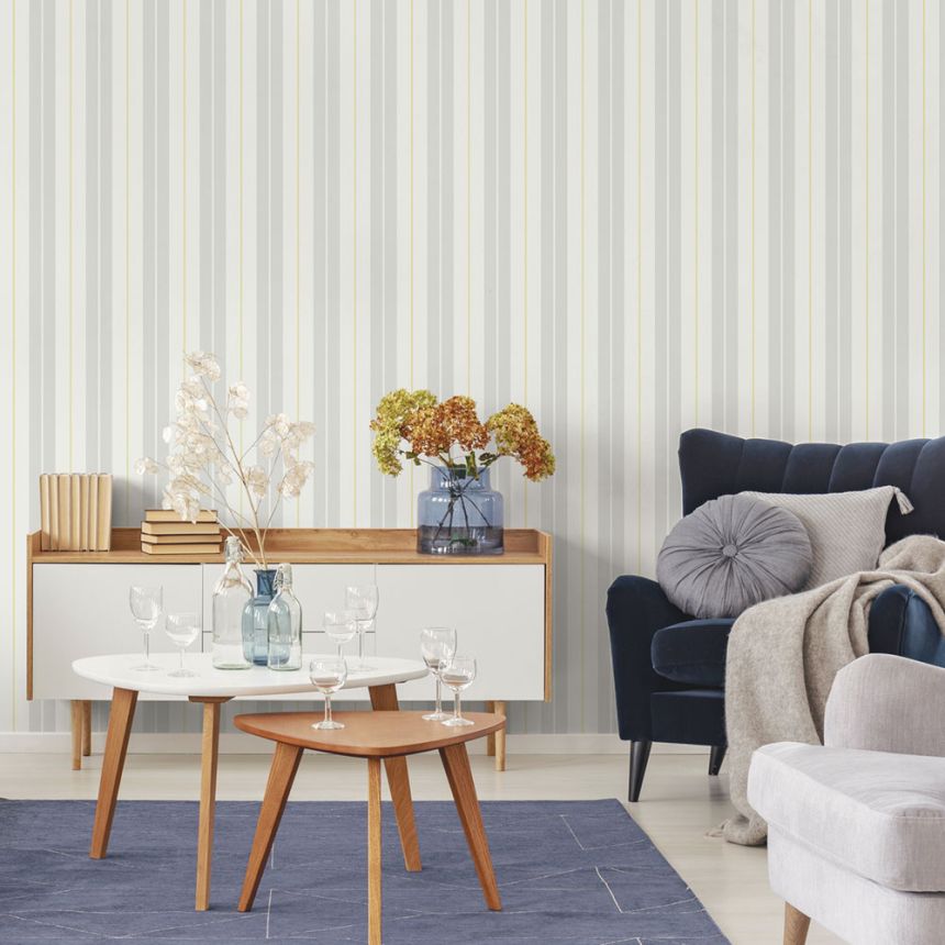 Vliesová tapeta na stenu, sivo-žltá, pruhy,  9815-4, Essential Stripes, ICH Wallcoverings