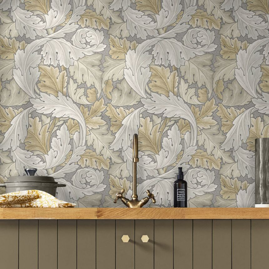 Vliesová tapeta na stenu, sivo-béžová, listy, 124226, William Morris At Home