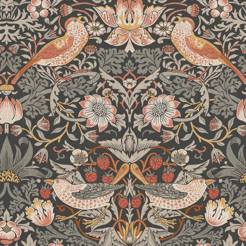 Vliesová tapeta na stenu, sivo-čierna, kvety, vtáky, 124230, William Morris At Home