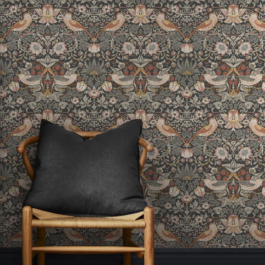 Vliesová tapeta na stenu, sivo-čierna, kvety, vtáky, 124230, William Morris At Home