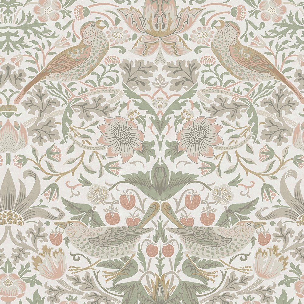 Vliesová tapeta na stenu, zeleno-růžová, kvety, vtáky, 124233, William Morris At Home