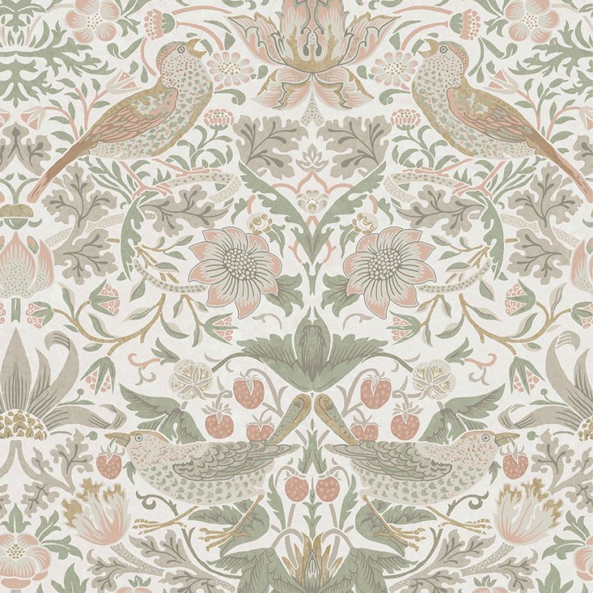 Vliesová tapeta na stenu, zeleno-růžová, kvety, vtáky, 124233, William Morris At Home