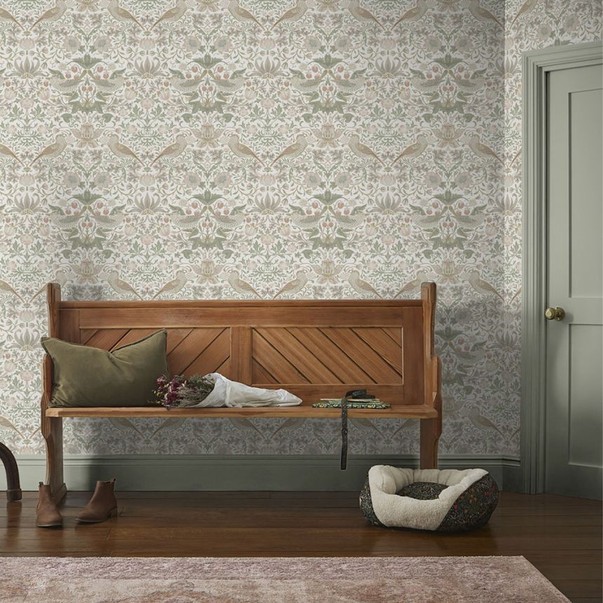 Vliesová tapeta na stenu, zeleno-růžová, kvety, vtáky, 124233, William Morris At Home