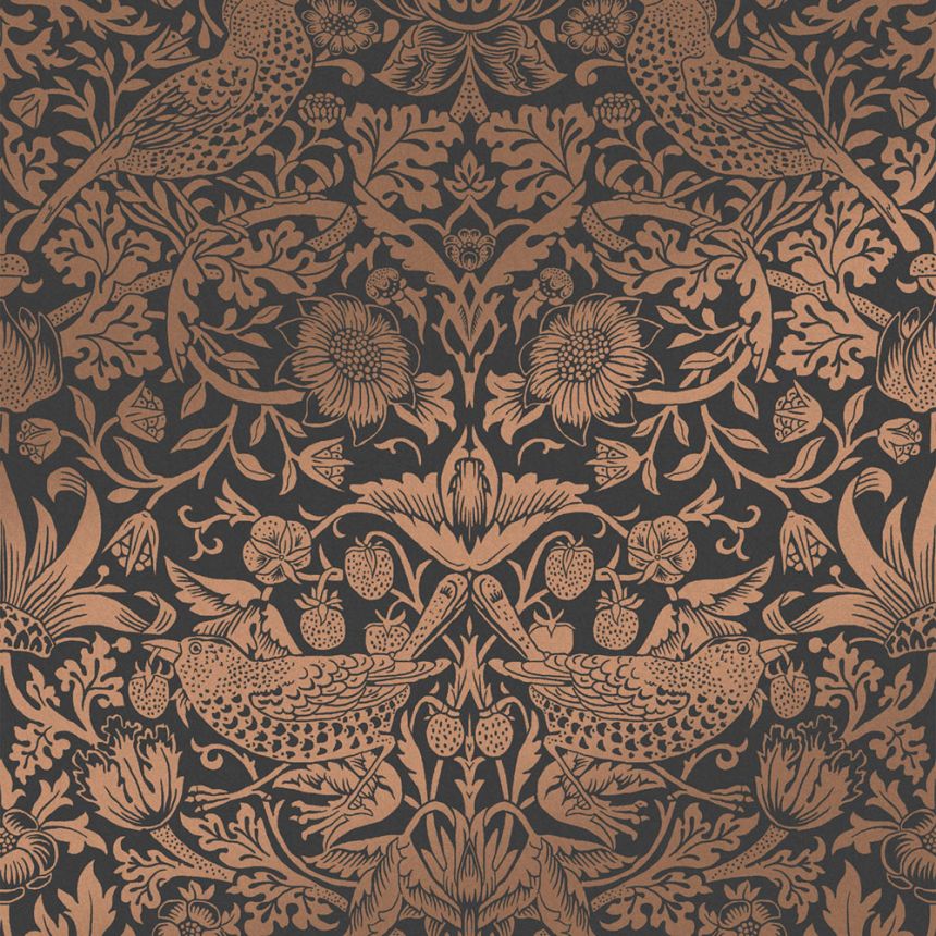 Vliesová tapeta na stenu, čierno-bronzová, kvety, vtáky, 124236, William Morris At Home