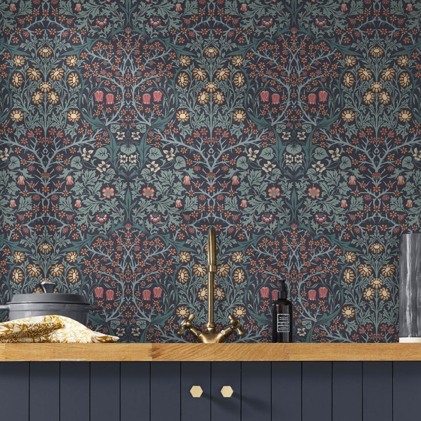 Vliesová tapeta na stenu, modrá, kvety, listy, 124251, William Morris At Home