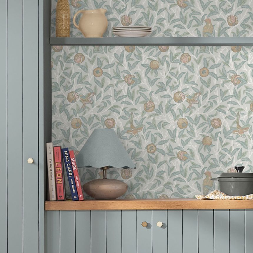 Vliesová tapeta na stenu, modro-zelená, vetvičky, vtáky, 124261, William Morris At Home