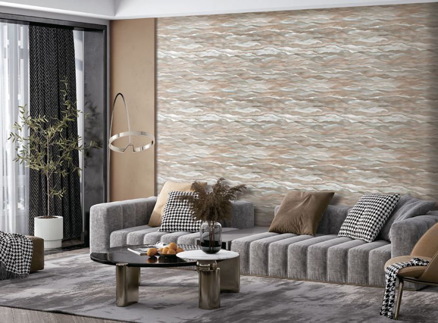 Vliesová tapeta na stenu, hnedo-zlatá, vlnky, mramor, SA524046, Santa Fe, Design ID