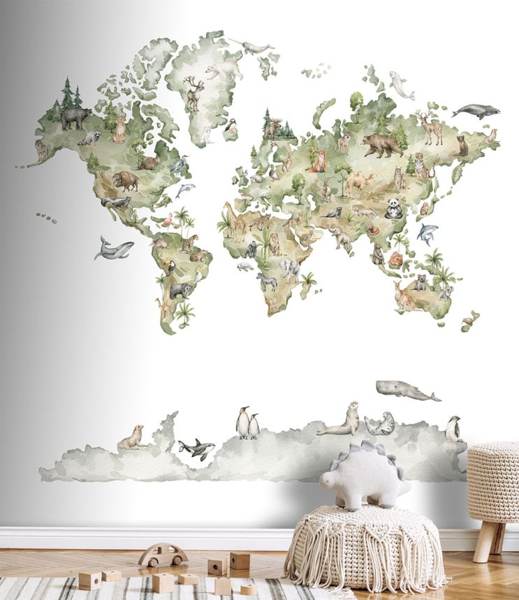 Detská vliesová obrazová tapeta na stenu, zvieratká, mapa Sveta, CW6042-1, Cute Walls, Decoprint