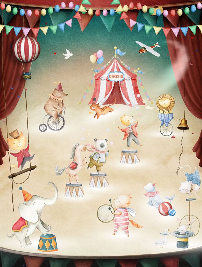 Detská vliesová obrazová tapeta na stenu, zvieratká v cirkuse, CW6056-1, Cute Walls, Decoprint