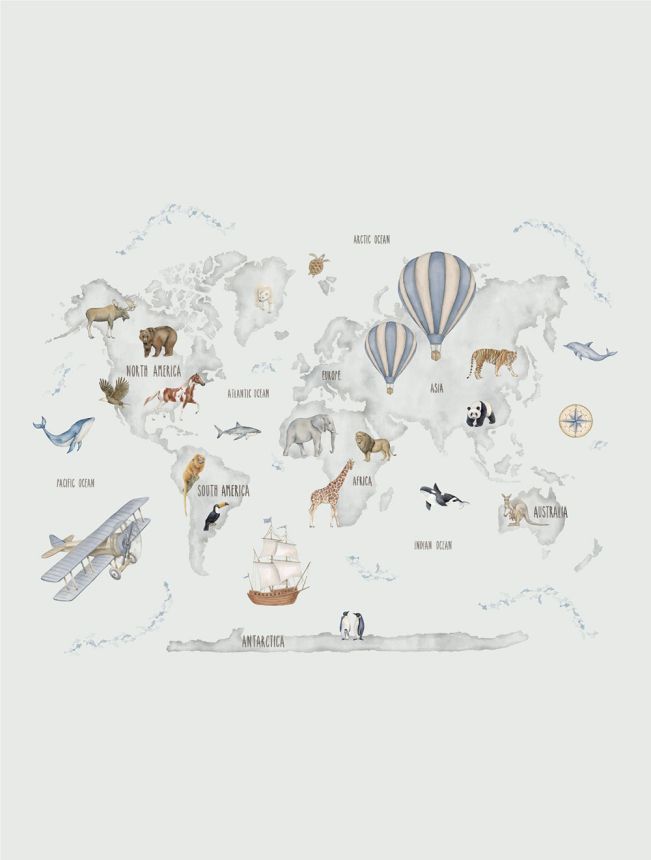 Detská vliesová obrazová tapeta na stenu, zvieratká, mapa Sveta, CW6118-1, Cute Walls, Decoprint