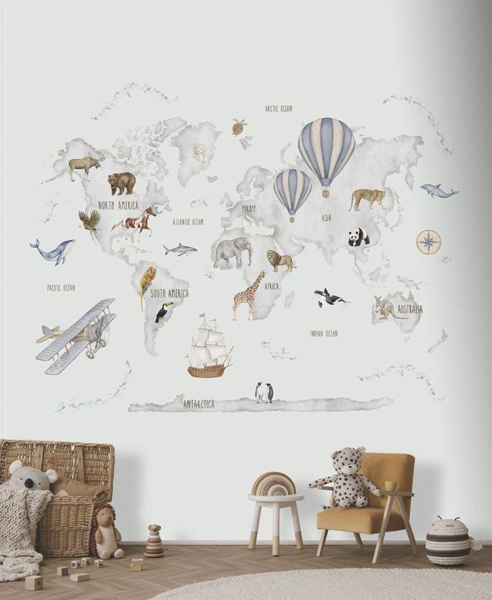 Detská vliesová obrazová tapeta na stenu, zvieratká, mapa Sveta, CW6118-1, Cute Walls, Decoprint