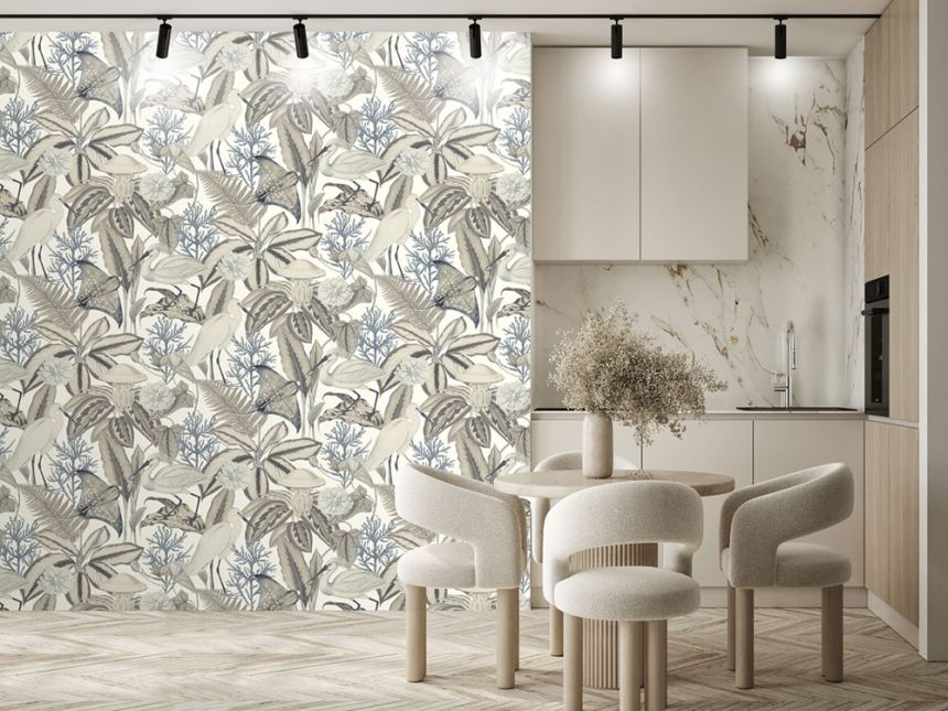 Vliesová obrazová tapeta na stenu, sivo-béžová, vtáky, listy, FW4061-4, Feature Walls, Decoprint