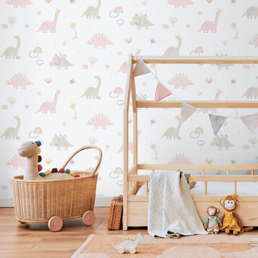 Detská vliesová tapeta na stenu, ružová, dinosaury, 283-1, Enzo,  ICH Wallcoverings