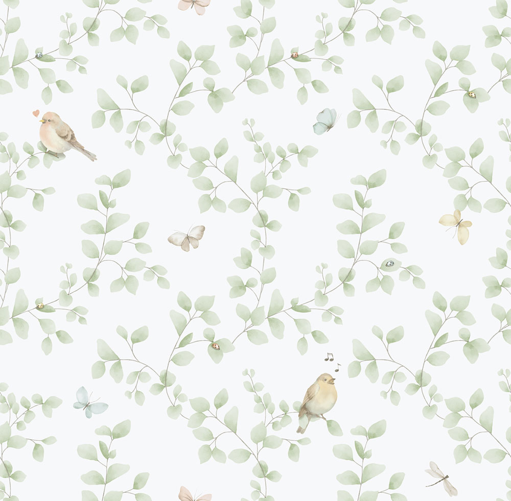Detská vliesová tapeta na stenu, zelená, vtáčiky, 284-3, Enzo,  ICH Wallcoverings