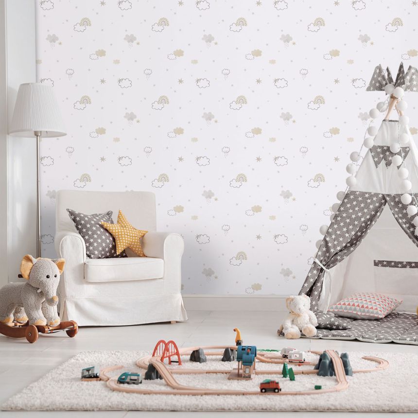 Detská vliesová tapeta na stenu, sivo-béžová, mráčiky, 288-3, Enzo,  ICH Wallcoverings