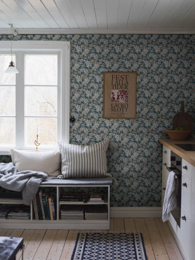 Tapeta na stenu, modrá, kvety, listy, 4162, Alla Tiders Hus, Borastapeter