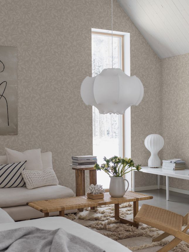 Tapeta na stenu, sivo-béžová, listy, 4195, Alla Tiders Hus, Borastapeter