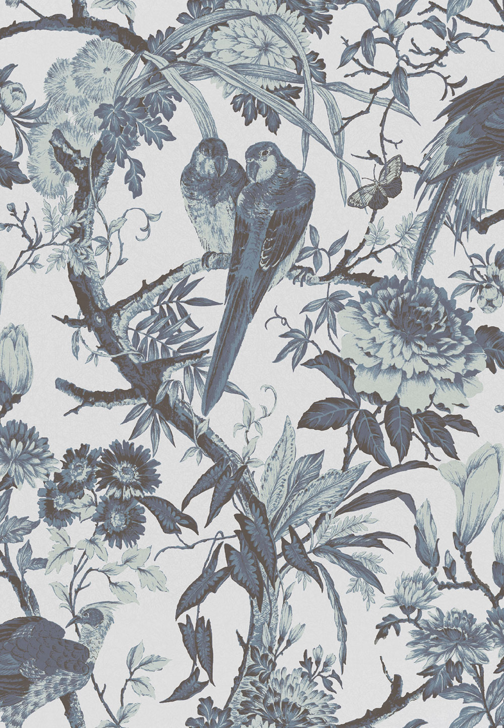 Tapeta, modro-strieborná, vtáky, kvety, vetvičky, 127909, Arboretum, Graham Brown Premium